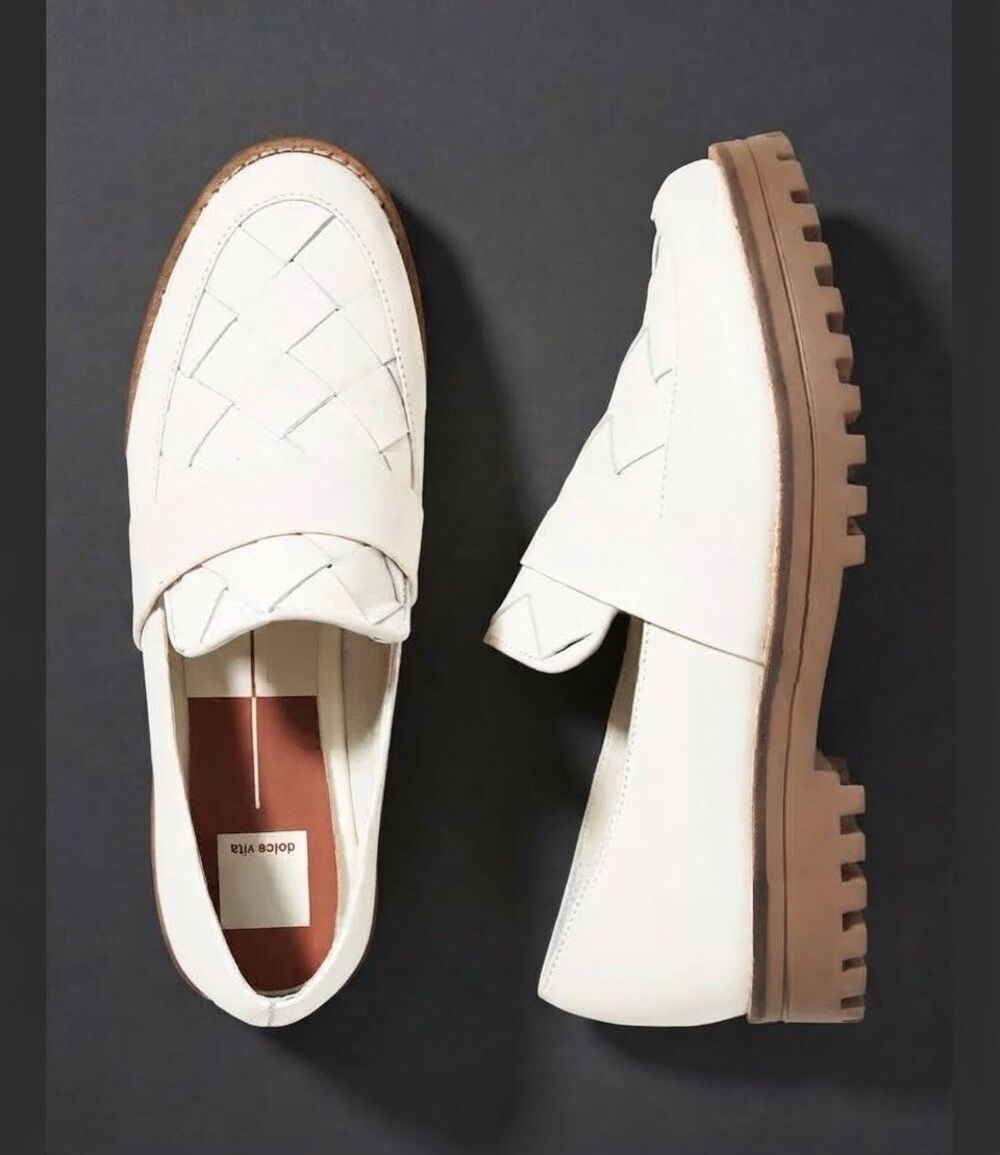 Dolce Vita Genuine Leather Woven Slip On Lug Sole Aubrey Loafers Ivory Size 9.5